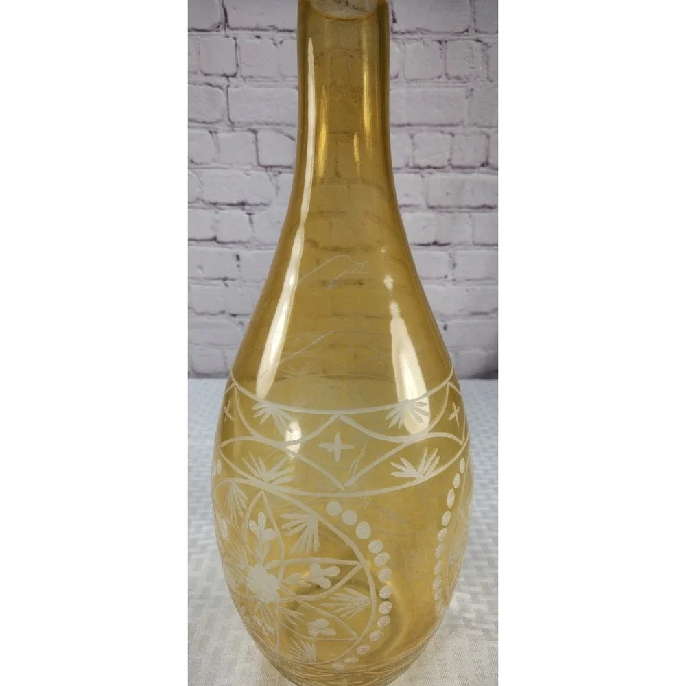 Large Intricately Etched Glass Bottle Handmade Yellow Vase Art Decor 14.75